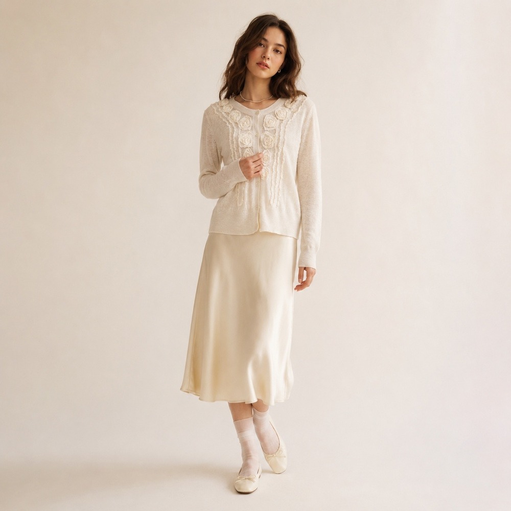 Banana Republic 100% Linen Rosette Cardigan Cream Floral Applique Romantic M